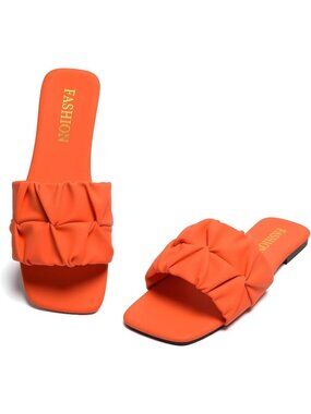 Women's Orange Pleated Square Toe Slide Sandals Summer Trendy Wedding Flat Shoes
